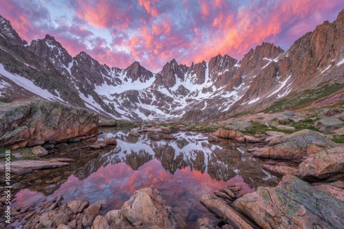 Mountain range reflected in still, alpine lake at sunrise