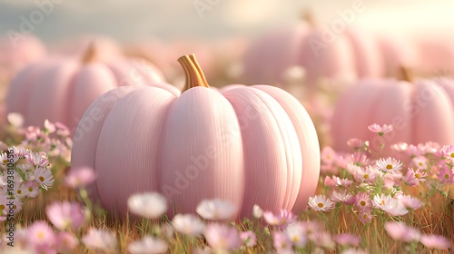 a field of pink pumpkins surrounded by delicate flowers