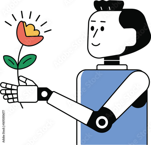 Friendly robot nurtures vibrant flower symbolizing growth and innovation in technology