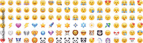 Emoji icons set, smiley faces, emotional expressions, cute animals, heart symbols, star icons, vector illustration for chat, social media design