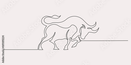 continuous line of a bull in motion. single line drawing of a bull. symbolizes strength, energy, and determination, suitable for financial concepts, stock markets, and power in minimalist designs.