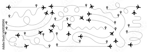 Plane routes. Airplane way line. Dashed lines airplane icons, travel trace, flight path, map pin, location navigation, transport track, aircraft silhouette flying. Vector set