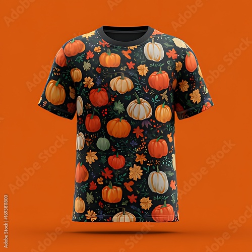 fall themed t shirt with pumpkins leaves and vibrant colors