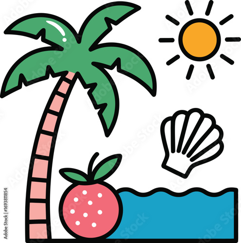 Vibrant coon beach scene with palm tree, sun, strawberry, shell, and water