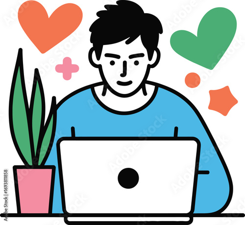 Young man happily working on laptop surrounded by vibrant hes and positive symbols