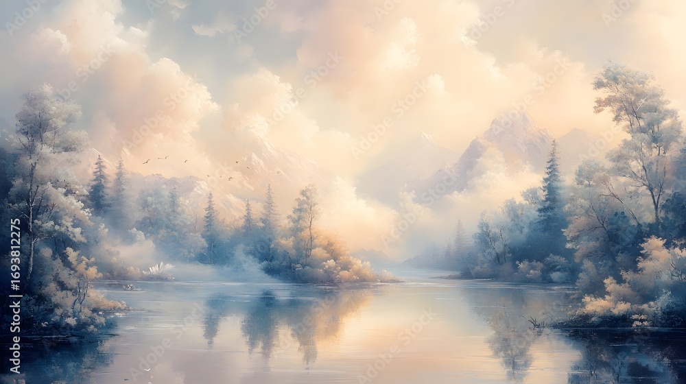 Fototapeta premium Serene Landscape with Misty Mountains and Reflective Calm Waters