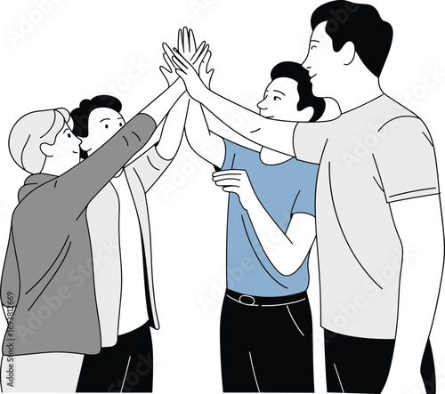 Group of four people celebrating teamwork with a high-five gesture, symbolizing unity, success, collaboration, and positive energy in vector style.