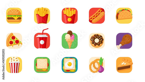 Fast Food Color Icons Vector Set | Emoji Illustration of Burger, Pizza, Fries and Snack Collection