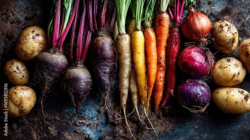 Colorful root vegetables and potatoes on dark surface