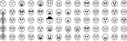 Emoji icons collection showing various emotions and facial expressions including happy, sad, angry, funny, surprised, confused, shocked, cool, and cute
