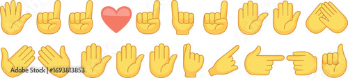 Hand gestures emoji collection showing raised hands, pointing fingers, love heart, open palm, finger pointing directions, and symbolic signs