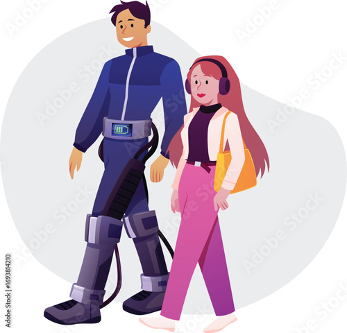 Young woman walking with robotic person, cyborg man with mechanized legs, flat futuristic smart city vector isolated