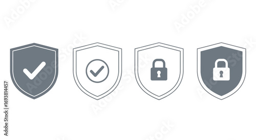 Vector illustration of a collection of four grey shield icons, including a checkmark and a lock, representing various security and verification statuses, on a