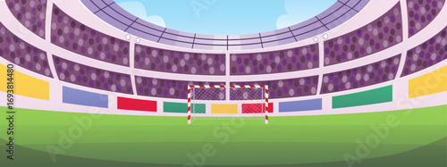 Football soccer stadium vector flat illustration, soccer sport team games court, arena rounded shape with football goal
