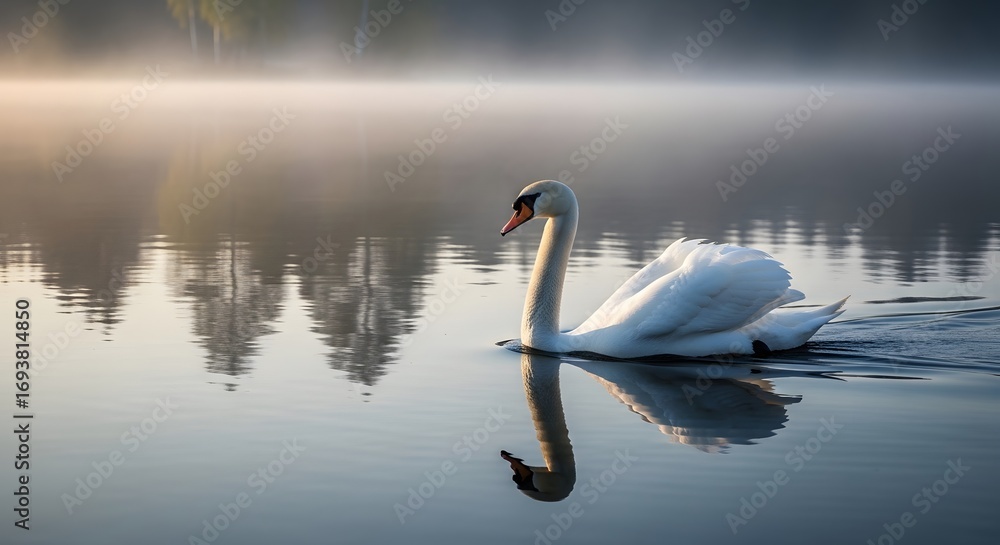 Obraz premium A majestic white swan gracefully swims on a misty lake at sunrise.