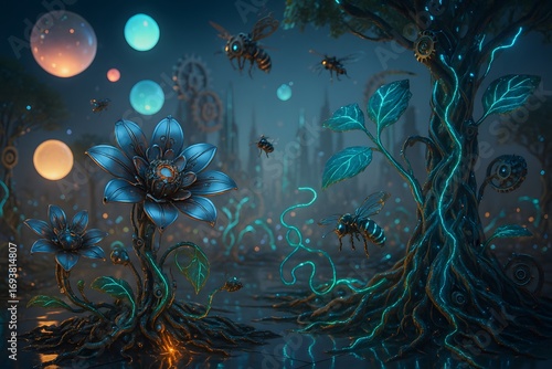 Enchanted Flora Futuristic Cityscape with Crystalline Blooms and Starry Sky