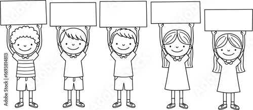 Black and white cartoon kids holding blank signs, smiling boys and girls, educational outline drawing, school poster, coloring page illustration