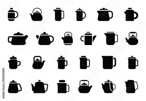 A diverse set of silhouettes of teapots and coffee pots, vector icons for kitchen and beverage themes.