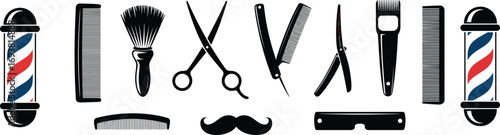 Barber shop tools icons set, hair cutting scissors, comb, razor, brush, mustache, barbershop pole, professional grooming equipment vector illustration