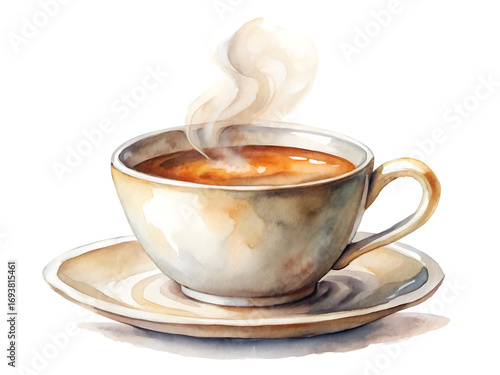 Watercolor painting of a steaming cup of coffee on a saucer, isolated on white background