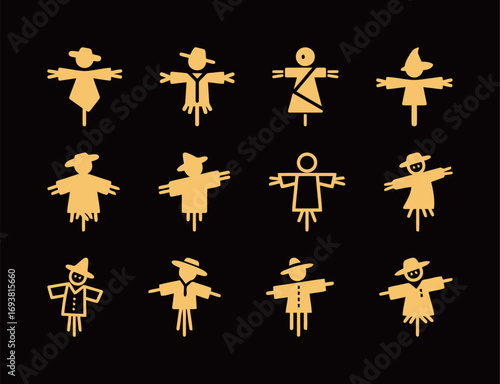 A collection of hand-drawn scarecrow icons on a black background, perfect for farming, autumn, and Halloween themes.
