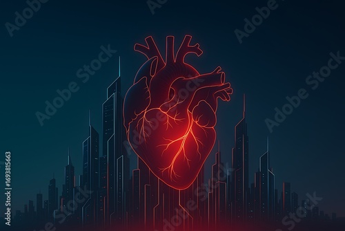 Futuristic glowing red heart above cyberpunk city skyline digital art concept of life and technology fusion