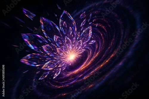 Fantastical electrified crystal lily made of radiant amethyst shards exploding in deep space amidst a colorful swirling nebula