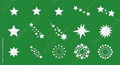 Wallpaper Mural Diverse collection of white stars, arranged in various patterns and formations, set against a solid green background. Torontodigital.ca