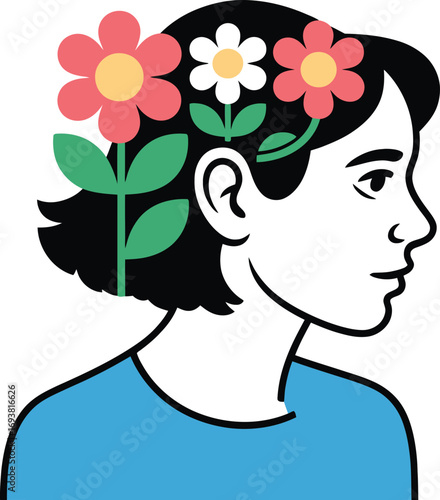 Person with blooming flowers in hair symbolizing creative thoughts and mental well-being
