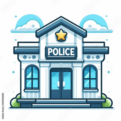 Illustrated police department building with cartoon style, and blue accents