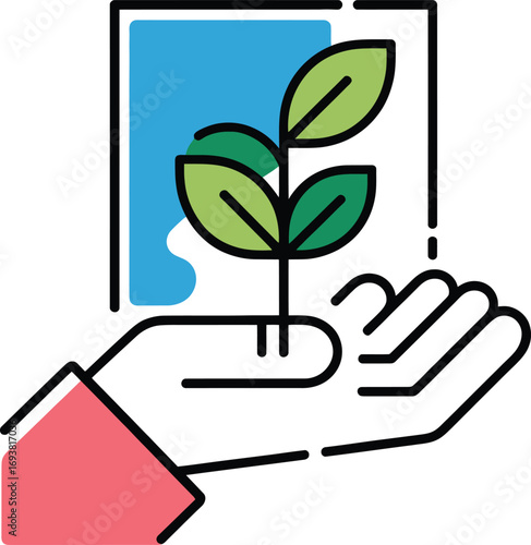 Nurturing growth: Hand cradles seedling against blue sky and green leaves