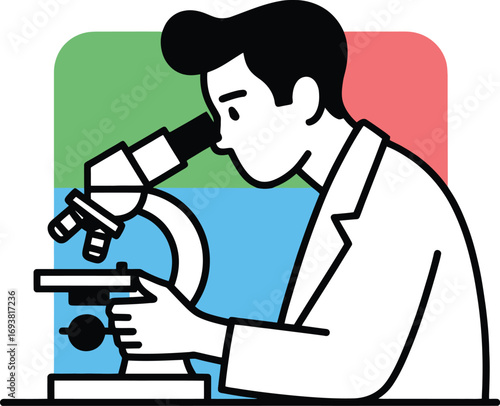 Scientist intently studies specimen through modern microscope in vibrant lab setting