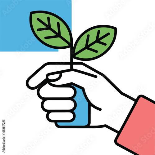 Hand carefully holds a vibrant green sprout symbolizing growth and new beginnings