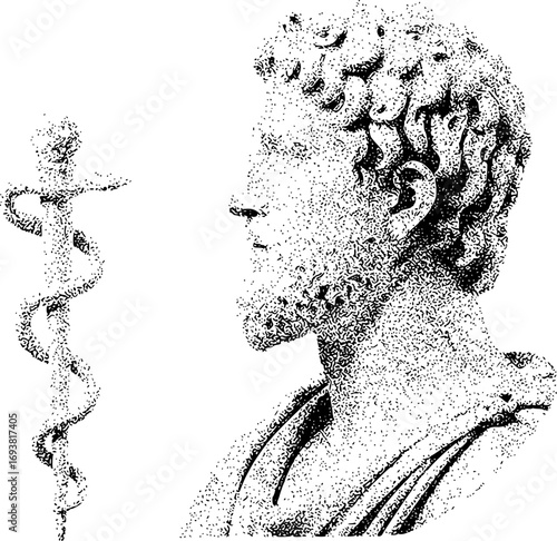 Ancient Greek Statue of Asclepius with Caduceus in Stippled Art