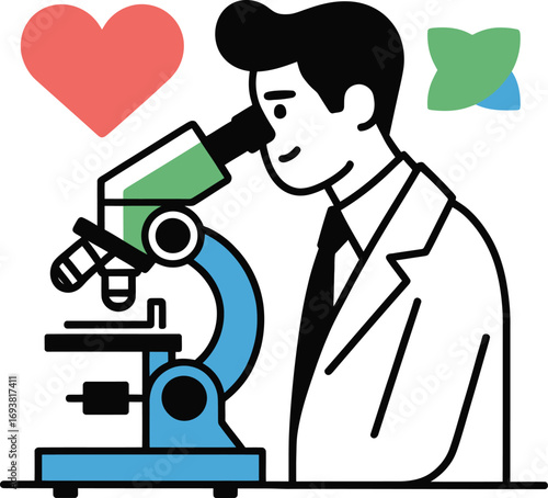 Dedicated scientist explores medical research with microscope, symbolizing innovation and care