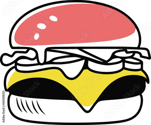Juicy cheeseburger illustration with melted cheese and fresh toppings for fast food marketing