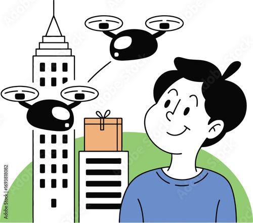 Excited person watches drone delivery above city buildings with package arriving