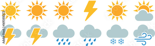 Weather forecast icon set with sun, clouds, rain, snow, wind, storm, lightning, climate symbols for apps and websites