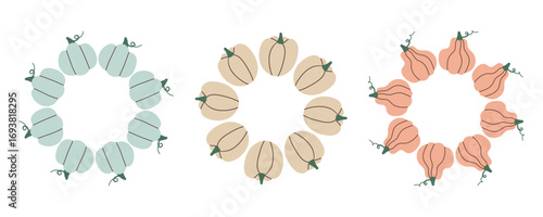 Pumpkin, round frame, harvest vegetables. Banners, posters with space for text. Harvest festival, Halloween. Drawing, doodle. Diet vegetarian natural food, isolated background.