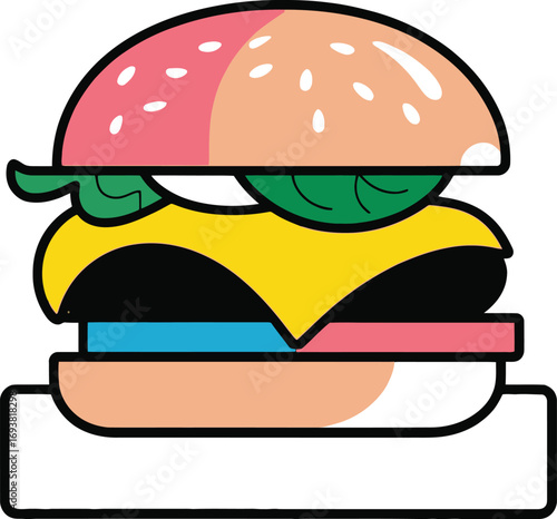 Vibrant, modern hamburger illustration perfect for food branding and advertising