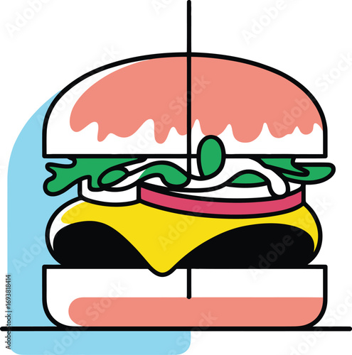 Vibrant, modern burger illustration bursting with fresh ingredients, perfect for food branding