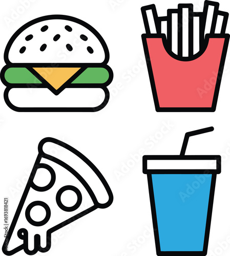Enjoy classic fast food icons like burgers, pizza, fries, and drinks for your designs