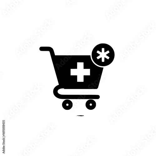 Editable shopping cart graphic with medical cross icon for health retail and ecommerce pharmacy app
