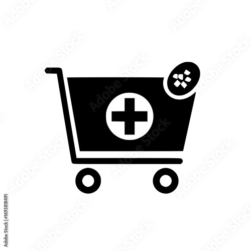 Shopping cart vector with small medical cross icon for healthcare pharmacy and online store design