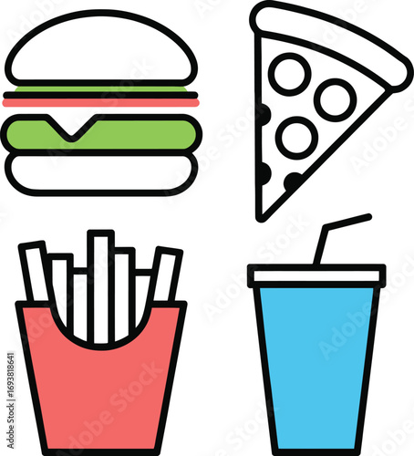 Vibrant fast food icons perfect for menus, apps, and designs