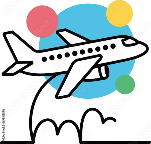 Whimsical airplane soaring through bright sky with colorful circles