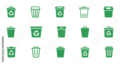 A set of diverse green trash can and recycle bin icons, representing environmentalism and waste management.