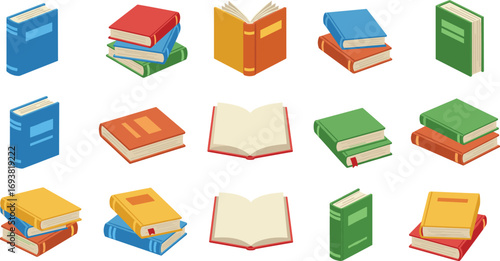 Colorful books set, open and closed book icons, education and reading concept, school supplies, isolated illustration, vector graphics
