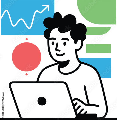 Young professional analyzing growth chs on laptop in a modern, vibrant workspace