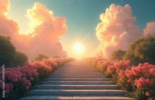 Stone staircase leads up to bright sun through fluffy clouds. Pink flowers line path on sides. Represents journey, faith, spirituality, and heaven. Nobody on path.